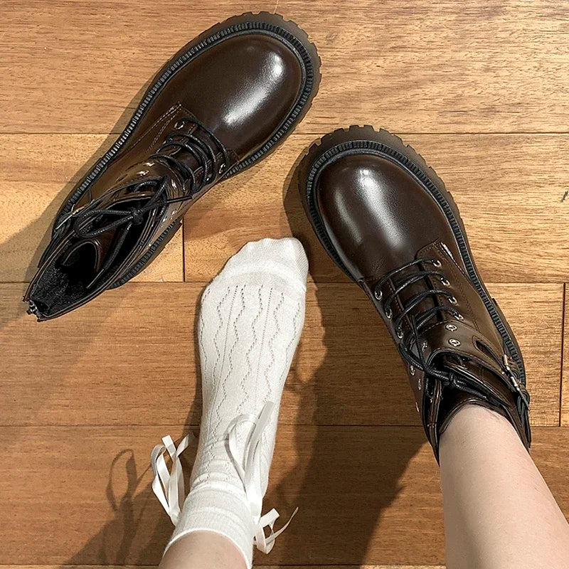 Ingvn  Autumn Women Motorcycle Boots Fashion Lace Up Short Booties Autumn Winter Female Platform Heel Shoes