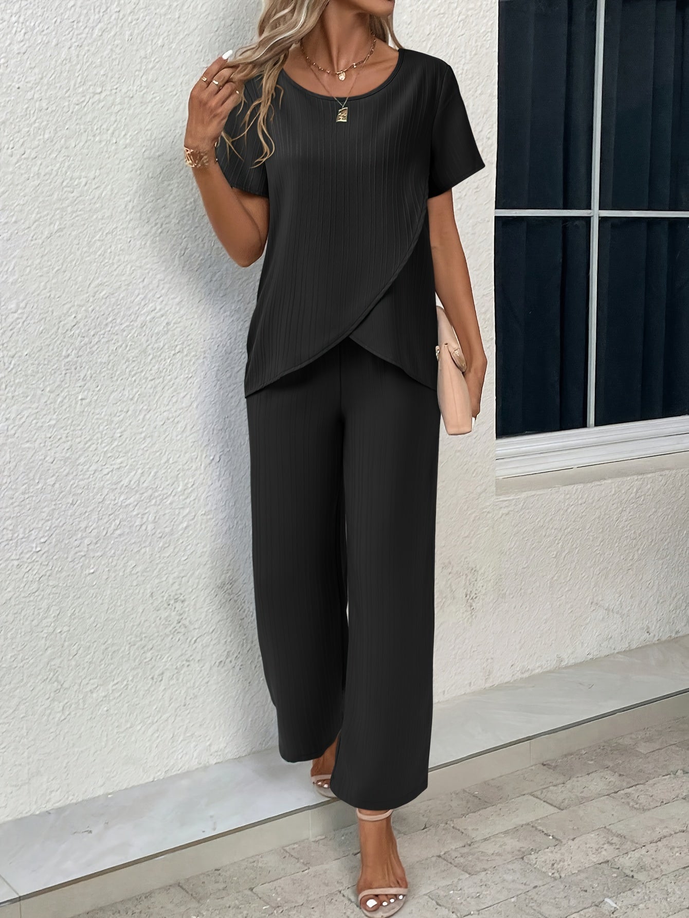 Womens Solid Color Casual Pants Set - Crew Neck Short Sleeve Top & Pants Outfits with Machine Washable Polyester Fabric, No Elasticity, and Asymmetrical Hem - Perfect for Spring/Summer Season
