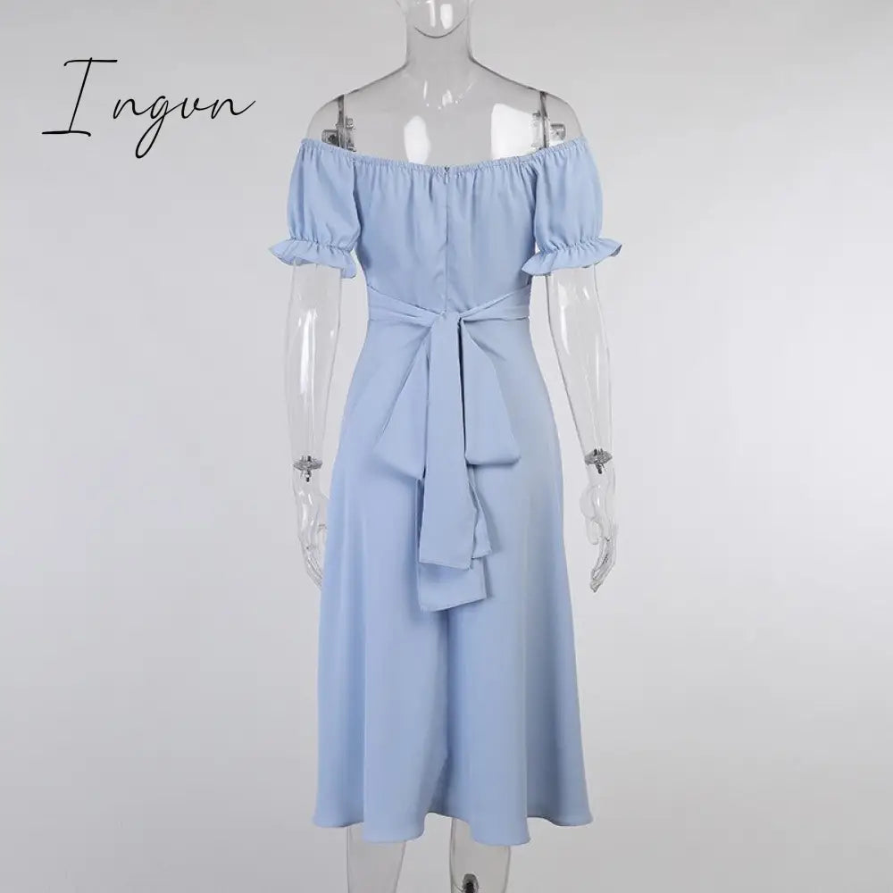 Ingvn - Short Sleeve Bodycon Beach Dresses High Waist A-line Ladies Party Vestidos Elegant Solid V-neck Summer Women Dress
