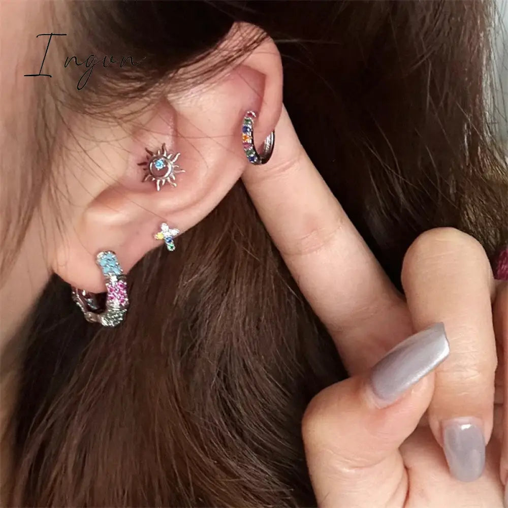 Korean Fashion Colorful Zircon Flower Cross Stud Earring for Women Aesthetic Jewelry Harajuku Cool Y2K Accessories New