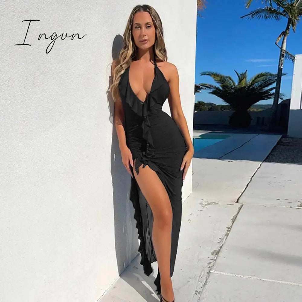 Ingvn - Elegant Backless Ruffles Maxi Dress Women Summer New Halter Sleeveless Pleated Beach Holiday Sexy Club Long Dress