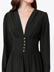 Deep V Neck Button Waist Dress, Elegant Long Sleeve Maxi Dress For Cocktail & Wedding Party, Women's Clothing
