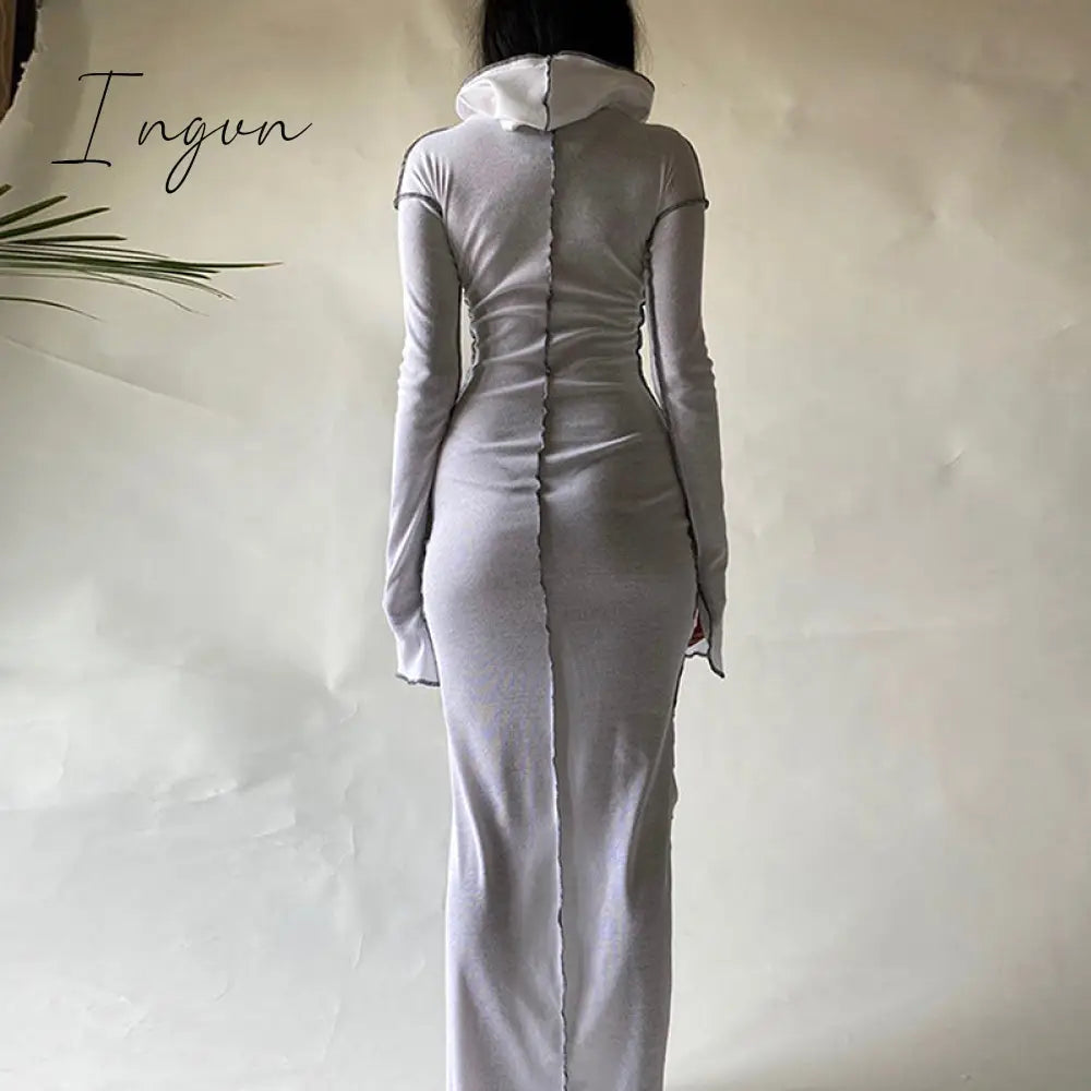 Ingvn - Long Sleeve Hooded Patchwork Skinny Maxi Dress Autumn Winter Women Fashion Streetwear Casual Outfits