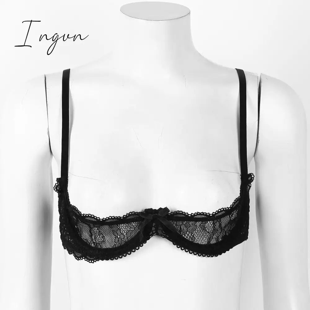 Ingvn - Women See Through Sheer Lace Hollow Out Lingerie Adjustable Spaghetti Shoulder Straps Open Cups Bra Push Up Underwire Bra Tops