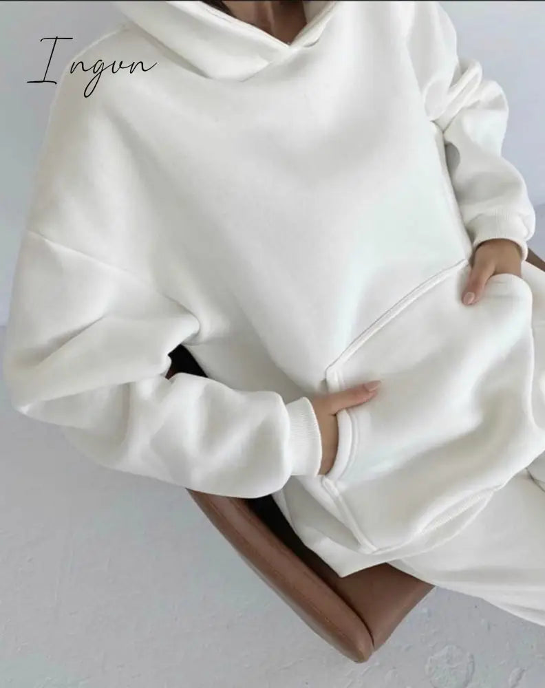 Ingvn - 2 Piece Set Women Spring Autumn Tracksuit Solid Hooded Sweatshirt Top And Wide Leg Pants Suits Loose Casual Fashion Sportswear