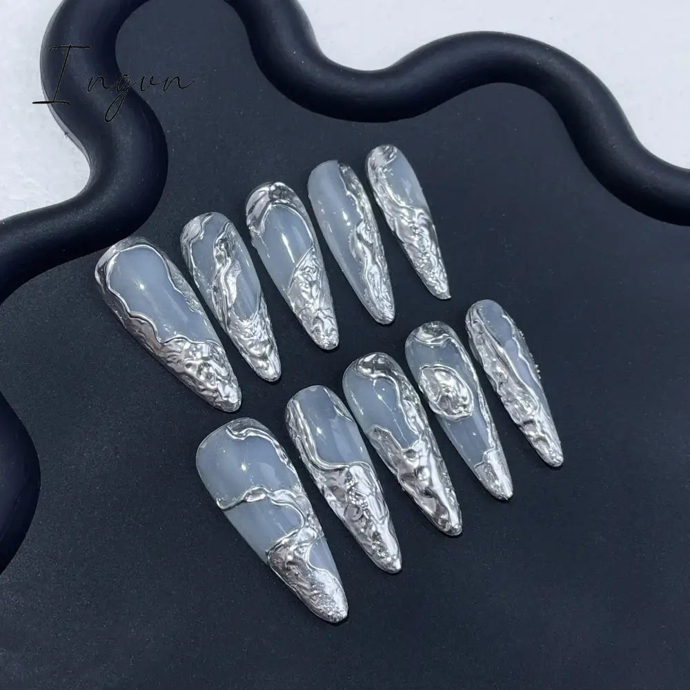 10Pcs Handmade Nails Set Press on Long Almond False Nail with Rhinestone Pink Camellia Design Reusable Full Cover Fake Nail Tips