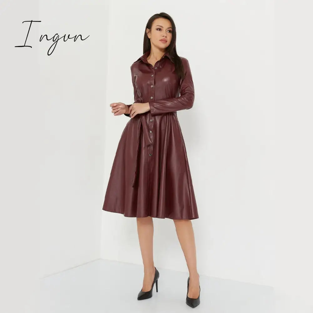 Ingvn - Winter Casual Sashes Pu Leather A-Line Dresses Women Turn-down Collar Long Sleeve Solid Color Knee Dress Office Lady Wear