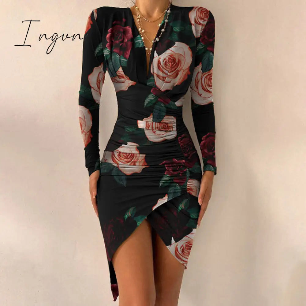 Ingvn - Women's Spring Sexy Package Hips Long-sleeve V-neck Printed Slit Dress Clothing Summer Black Bodycon Dresses For Women Party
