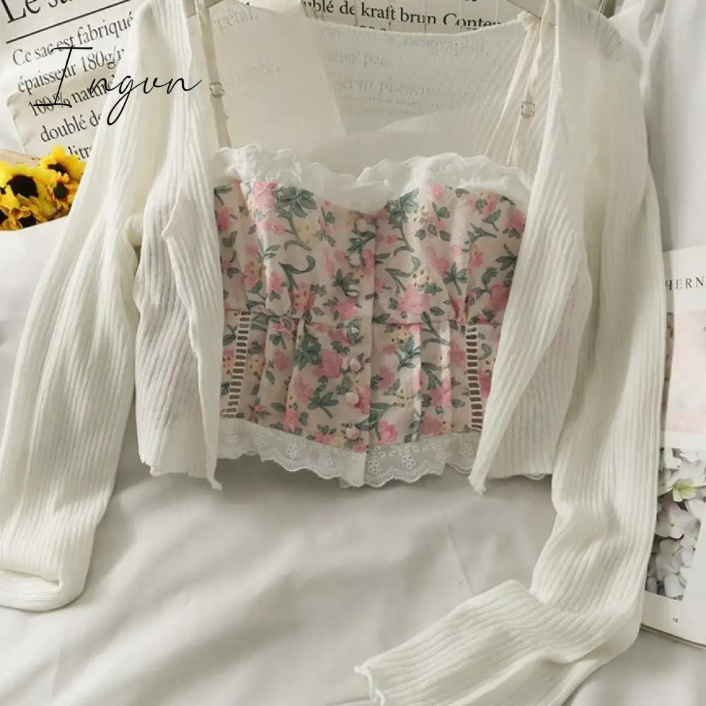 Ingvn - Sets Women 2 Piece Outfit Elegant Stylish Tender Newest Prevalent Simple Floral Vintage French Style Girls Cute Romantic Ulzzang
