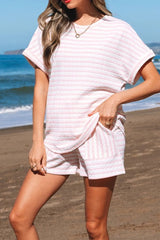 Stripe Knitted Short Sleeve Top and Drawstring Shorts Set