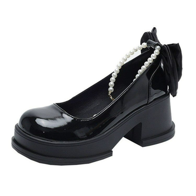 Fashionable Versatile Women's Shoes Spring New Style French Pearl Thick Heel Small Leather Shoes Polyamide Sole Rubber Upper