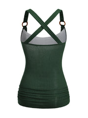 2025 Women's Tops Colorblock Textured Crossover Faux Twinset Tank Top O Ring Strap Ruched Long 2 in 1 Tank Top