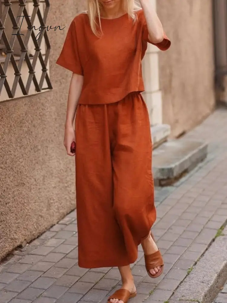 Ingvn - Plus Size 5XL Cotton Women's Pantsuit Suit Loose O-neck Top Wide-leg Trouser Suits Female Spring Fashion Casual Set Ladies
