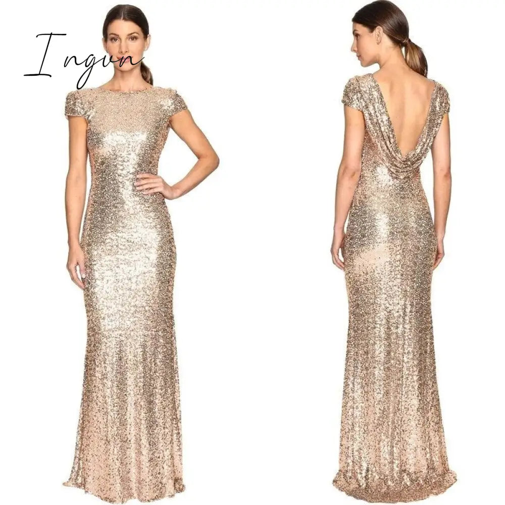 Ingvn - Rose Gold Cheap Mermaid Dresses Short Sleeves Backless Long Beach Sequins Wedding Party Maid of Honor Dress