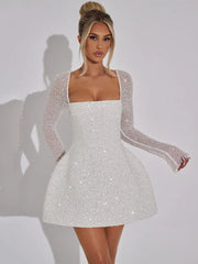 Sequins Long Sleeve Backless Sexy Mini Dress Women Robe Fashion Sparkle Lace-up High Waist A-line Club Dress Vestido