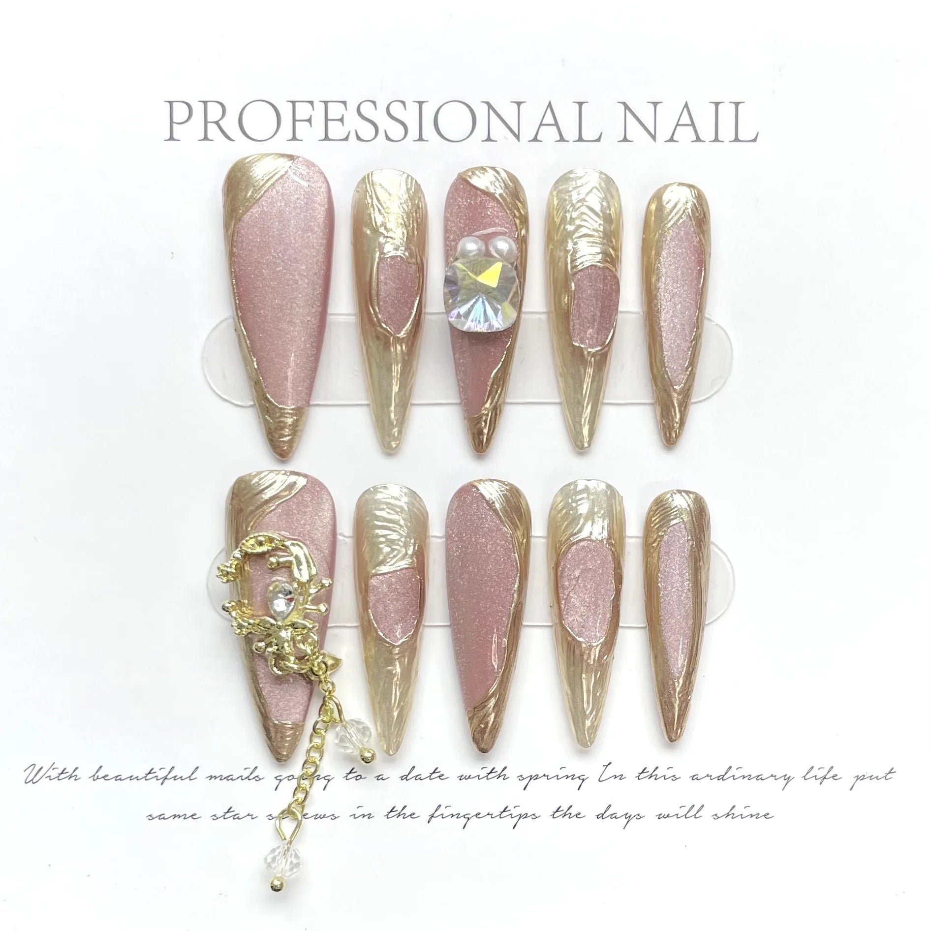 Handmade Long Stiletto Press On Nails Reusable Butterfly Diamond Decoration Fake Nails Full Cover Artificial Wearable False Nail