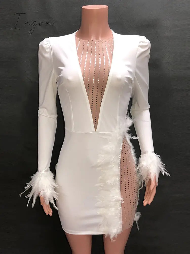Ingvn - Sexy See Through Sequin Mesh Patchwork Dresses Women Deep V White Feather Mini Party Dress Ladies Nightclub Vestidos
