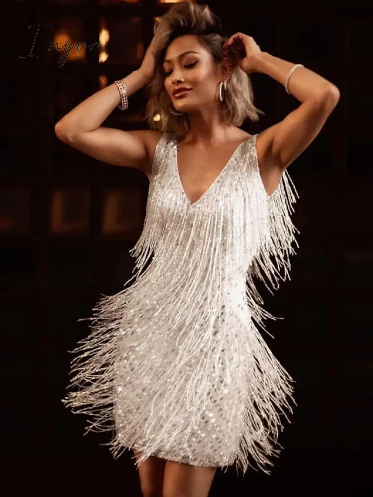 Ingvn - Women‘s Party Dress Fringe Dress Short Mini Dress White Gold Sleeveless Pure Color Tassel Fringe Spring Summer Spaghetti Strap Party Sexy Gatsby Party 2023 S M L XL XXL / Winter