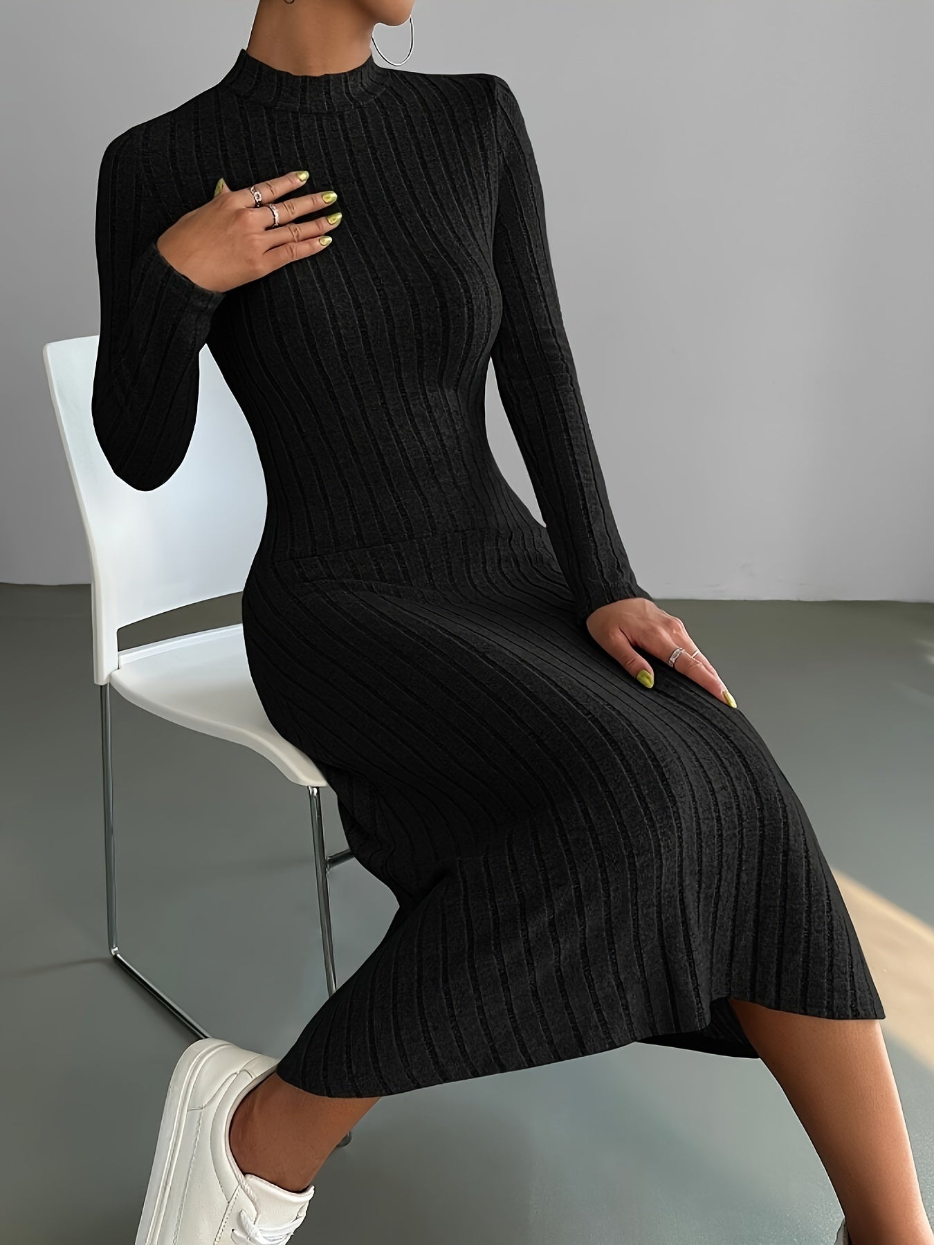 Chic Ribbed Black Midi Dress - Comfortable Mock Neck & Long Sleeves - Perfect for Any Occasion