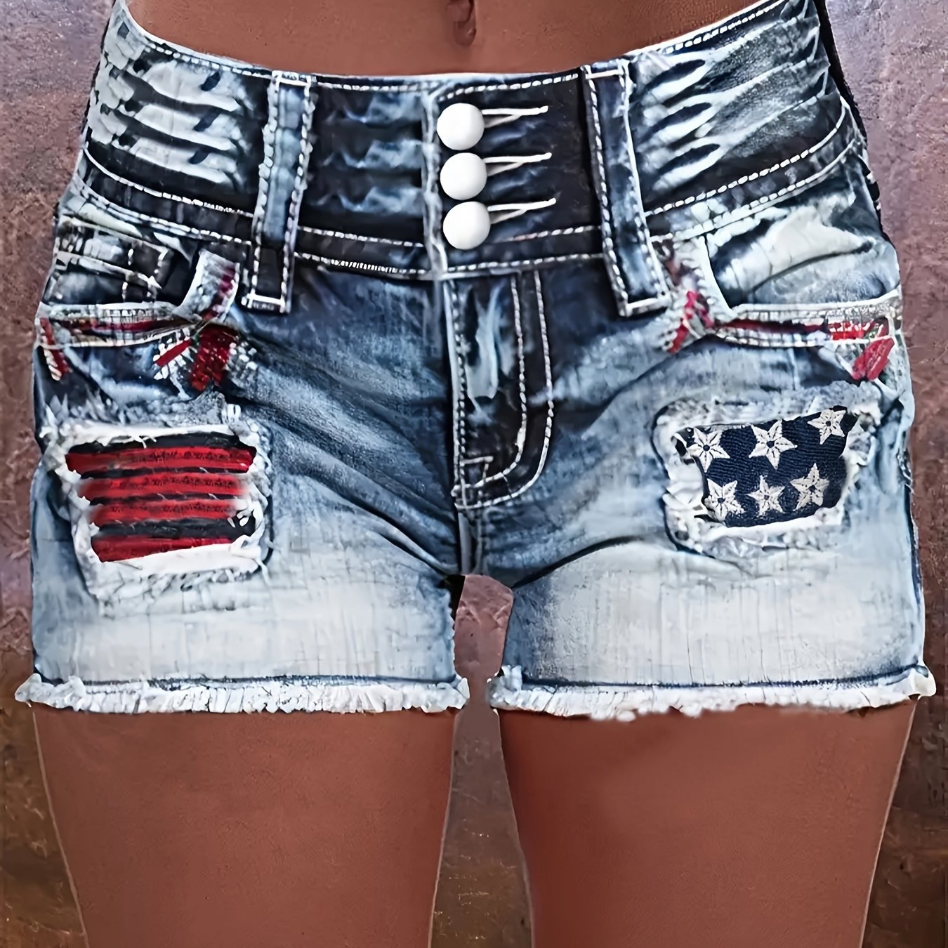 Women's High-stretch Single-breasted American Flag Patchwork Raw Hem Distressed Independence Day Outfit 4th Of July Embroidered Ripped Denim Shorts