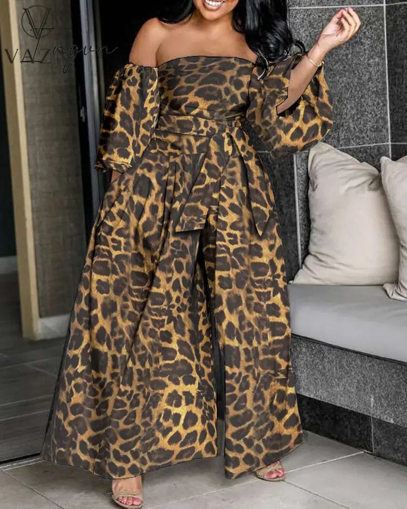 Ingvn - Womens Fall Fashion Autumn Jumpsuits High-end Chiffon Full Sleeve Strapless Sexy Young Free Women Loose Wide Leg Jumpsuits