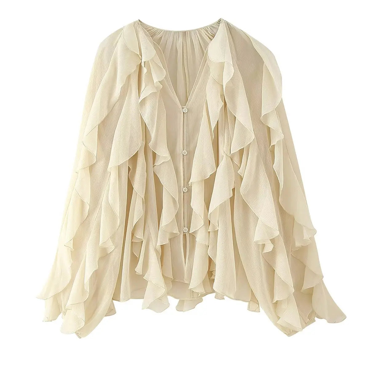 New Women Sexy Semi-sheer Ruffle Shirt Long Sleeve V Neck Front Button Spring Blouse Burgundy Blusas Mujer