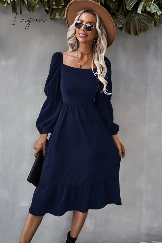 Ingvn - Square Neck Ruffle Hem Long Bubble Sleeve Midi Dress