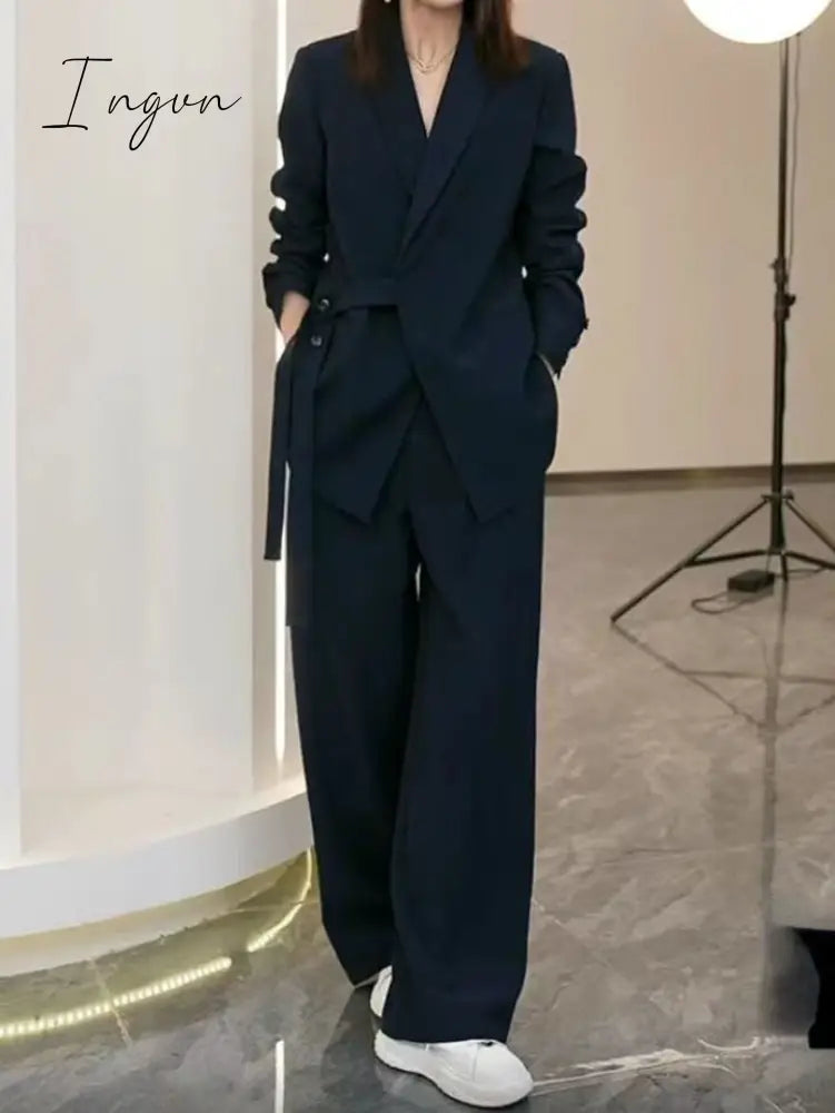 Ingvn - Women Suits Office Sets Pockets Coat Wide Leg Pants New 2023 Spring Autumn Office Wear Women Fashion Elegance Lady Blazer Sets