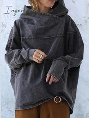 Ingvn - Loose Fit Washed Effect Solid Color Denim Hooded Sweatshirt