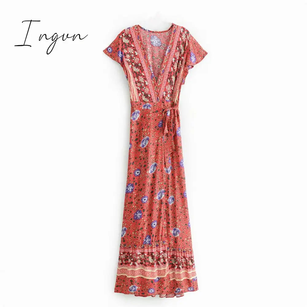 Ingvn - Vintage chic vestidos women Floral print bat sleeve beach long Bohemian maxi dress Ladies sexy V neck  Summer Boho happie  dress