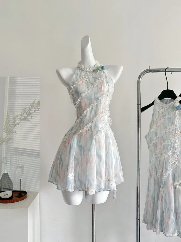 Summer French Elegant Original Design Mini Dress Women Print Lace 3D Floral Halter Party Dress Casual Chic Pretty Clothing