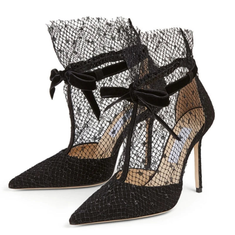 Spring and summer new pointed hollow suede bow mesh sandals thin high-heeled banquet dress versatile sexy women's sandals