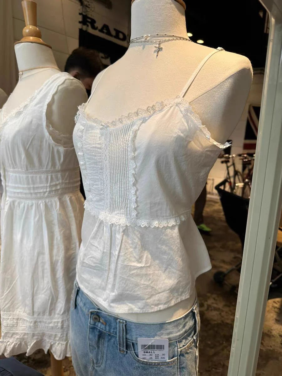Lace Trim Sweet Slim Crop Top Women Summer Back Lace-up Cotton Sleeveless Camisole Vintage Preppy Style White Tank Tops Y2k New