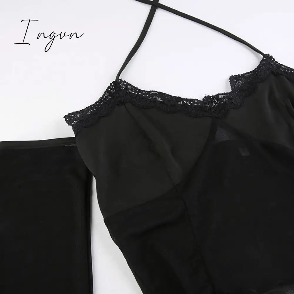 Ingvn - Hot Sell Slash Neck Sexy Black Mesh T-Shirts Women Lace Patchwork Rave Goth Clubwear Backless Halter Tie Up Spaghetti Strap Tops