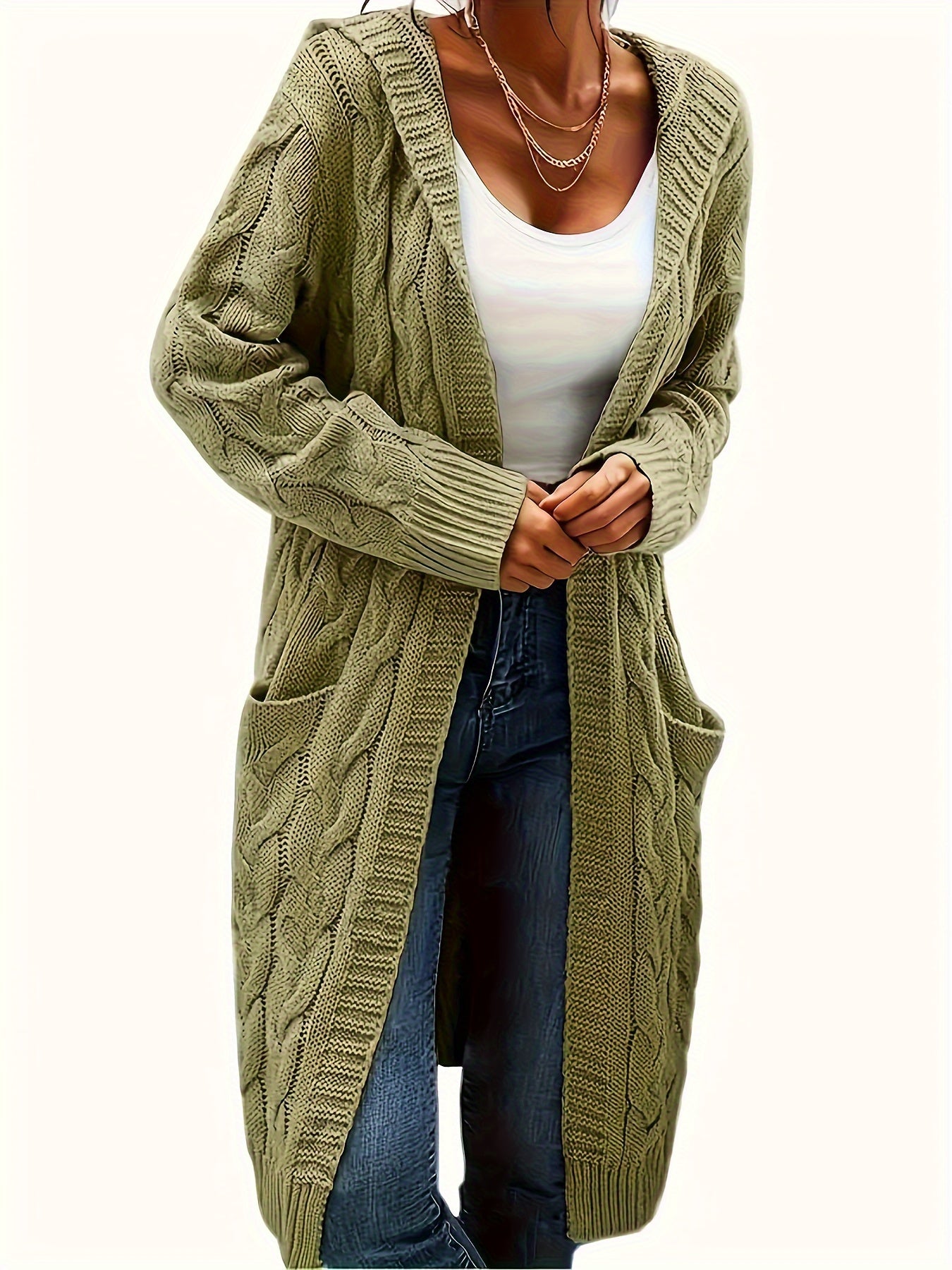 Plus Size Casual Cardigan, Women's Plus Solid Cable Long Sleeve Open Front Hooded Cardigan With Pockets