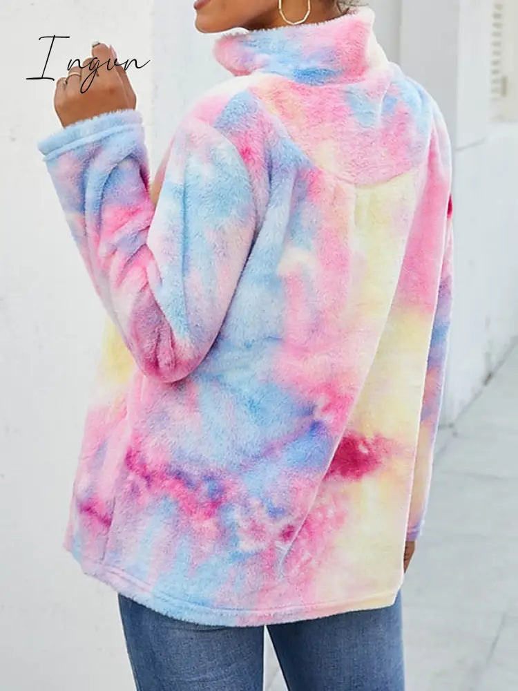 Ingvn - Women's Sweatshirt Pullover Fuzzy Teddy Yellow Pink Tie Dye Casual V Neck Long Sleeve Fleece Top Micro-elastic Fall & Winter
