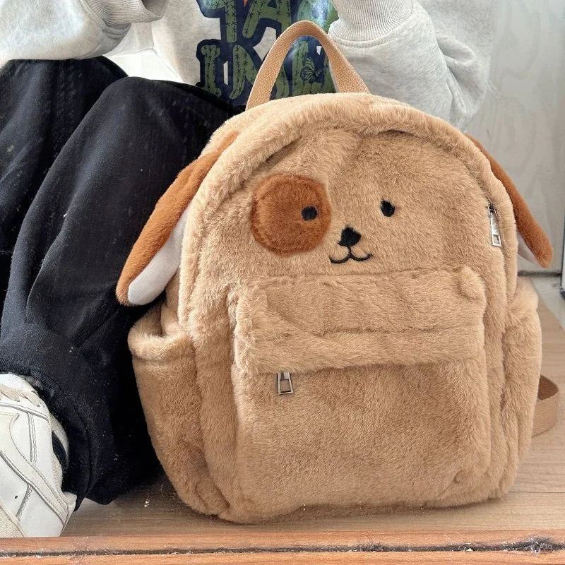 Ingvn  Cute Puppy Womens Backpack Plush Brown Fluffy Cartoon Sweet Kawaii School Backpack Students Casual Daily Fashion New Bag