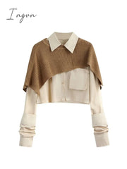 Ingvn - Spring Autumn Fashion Women Two Pieces Sets Long Sleeve Short Blouse Shirt + Solid Knitted Pullover Crop Shawl Sweater Female Tops