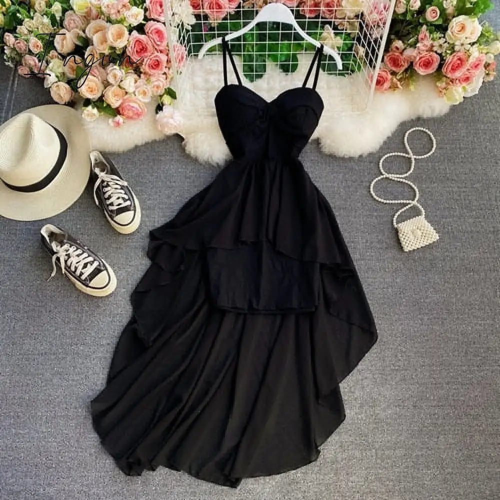 Ingvn - Women Dress Spring Summer French Elegant Sexy Gentle Temperament Female Irregular Tube Top Sling Big Swing Vestido