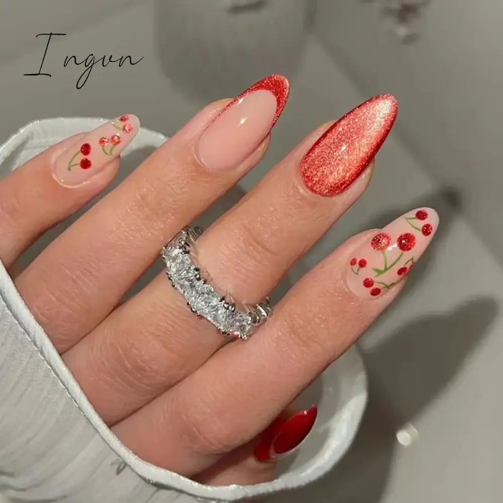 24pcs Short Glitter Purple False Nails  Almond Stiletto French Wearable Fake Nails Art Artificial Full Cover Press on Nail Tips