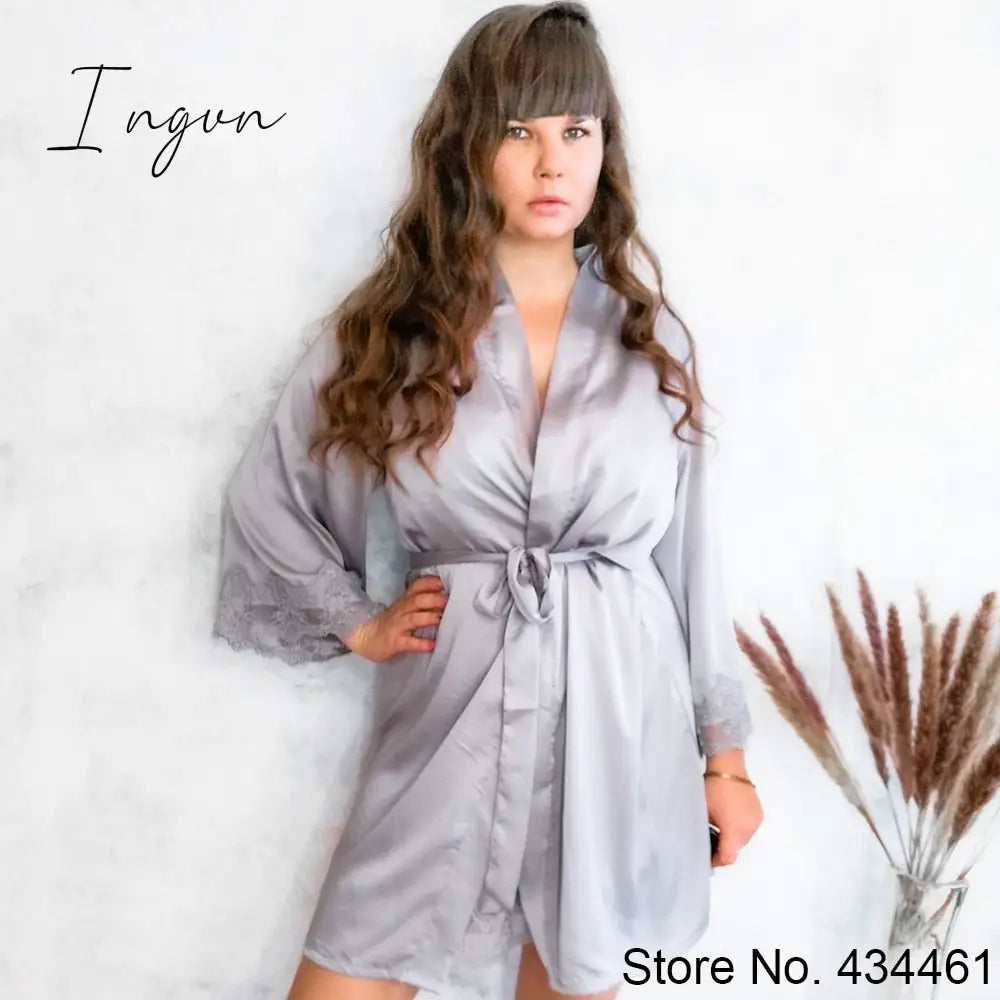 Ingvn - Lace Trim Sexy Wedding Lady Robe Suit Loose Satin Bride Bridesmaid Kimono Bathrobe Gown Mini Sleepwear Rayon Intimate Lingerie