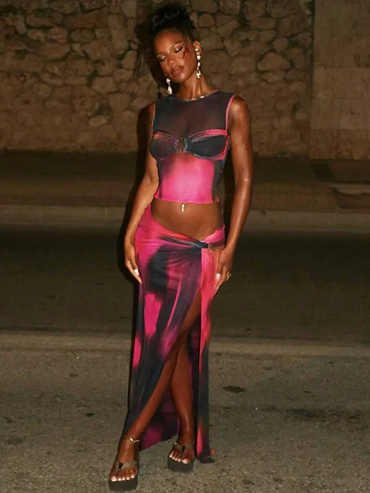 Mesh Print Sexy Skirt Sets Women O Neck Sleeveless Crop Tops And Split Skirt Ladies Sexy Club Party 2 Piece Sets