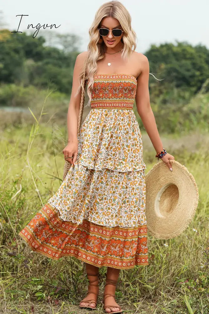 Ingvn - Bohemia Strapless Ruffled Midi Dress