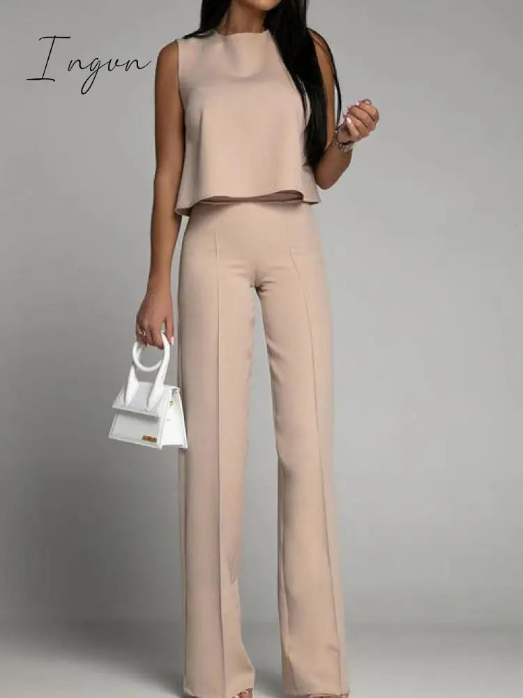 Ingvn - Office Elegant Commuter Set Fashion O-neck Sleeveless Tops and Flared Pants Suit Women Sexy Backless Tie Solid Two Piece Outfits