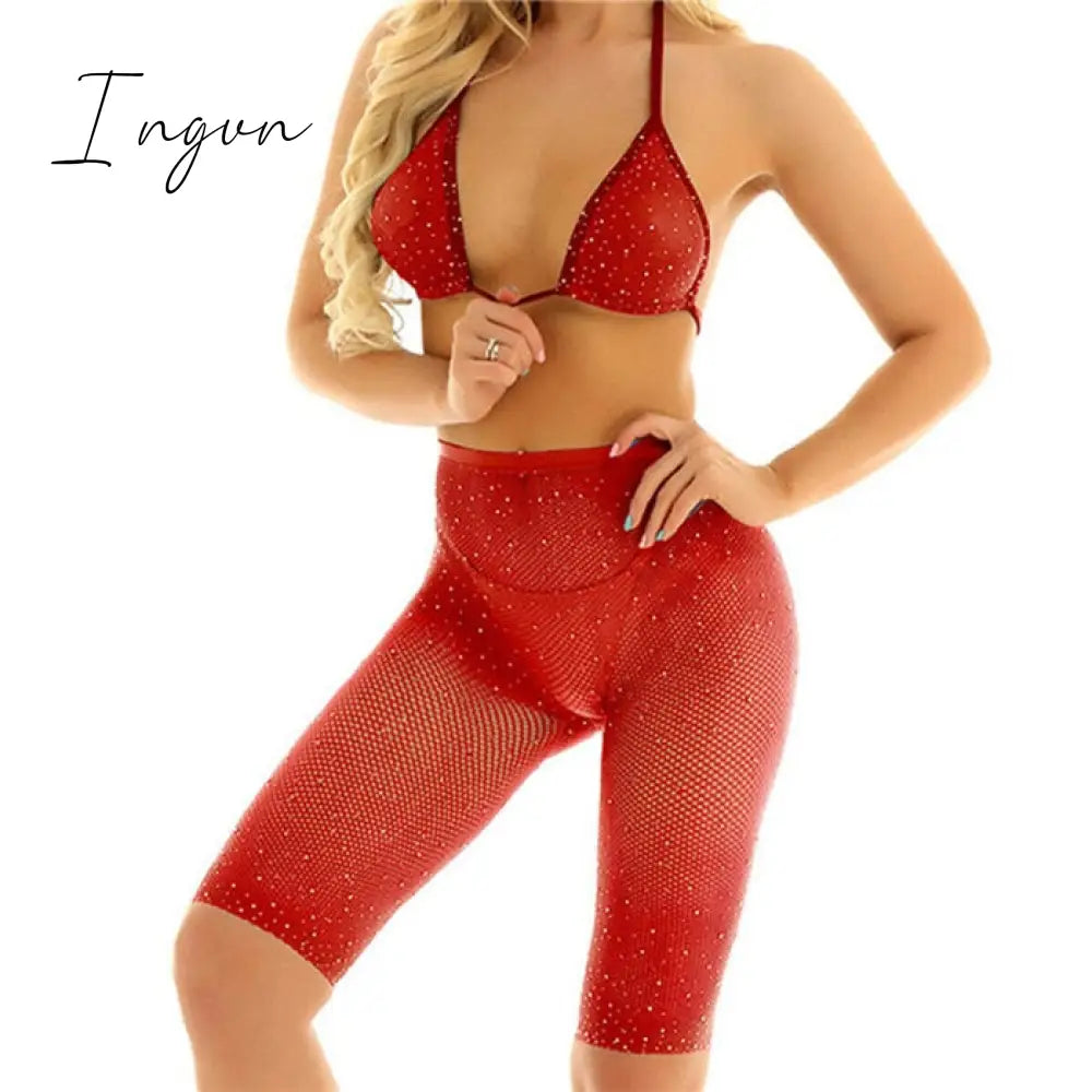 Ingvn - Trends Fishnet Grid See Through Neon Outfits Bandage Low Cut Sexy Backless Crop Top High Waist Skinny Shorts Women Party 2 Piece Sets