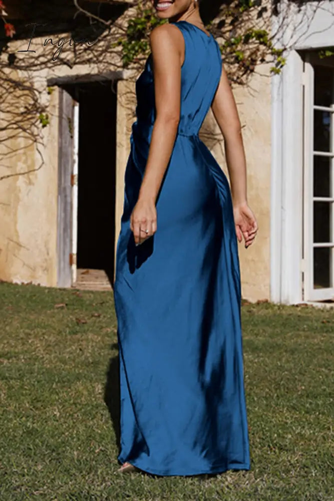 Ingvn- Sexy Formal Solid Fold V Neck Evening Dress Dresses