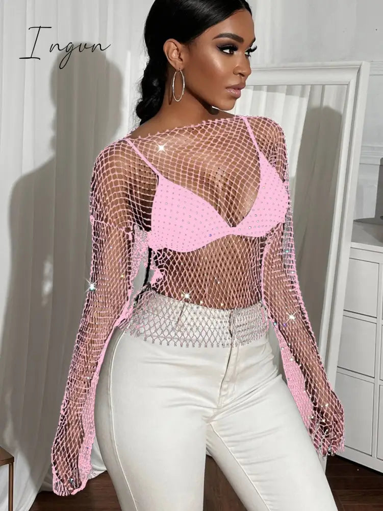 Ingvn - Sexy see through mesh Rhinestone tank top women summer shiny club party crop top long sleeve beach cover up fishnet tops t shirt