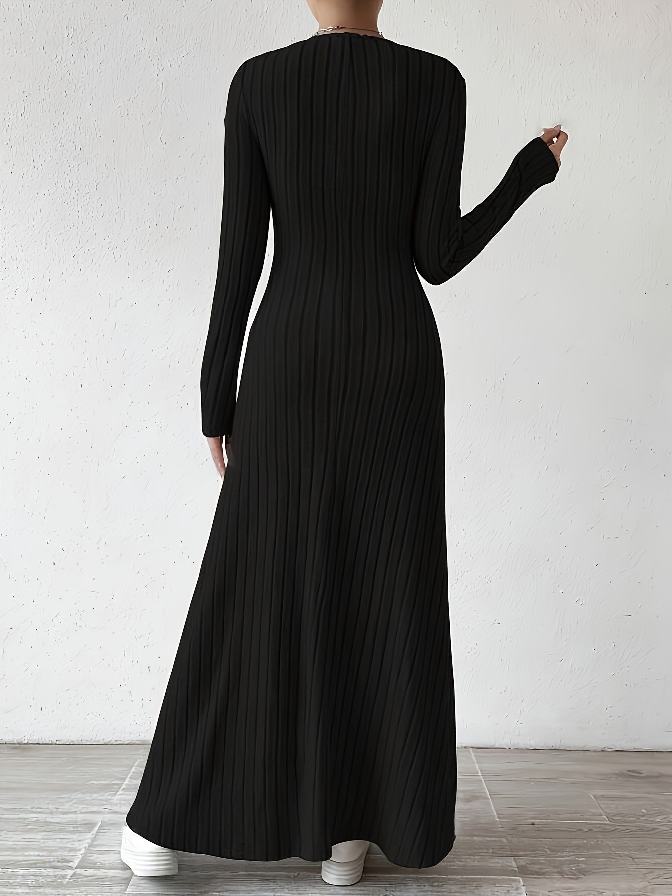 Long Sleeve Ankle Ribbed Crew Neck Sweater Dress for Fall & Winter, Elegant Women's Clothing