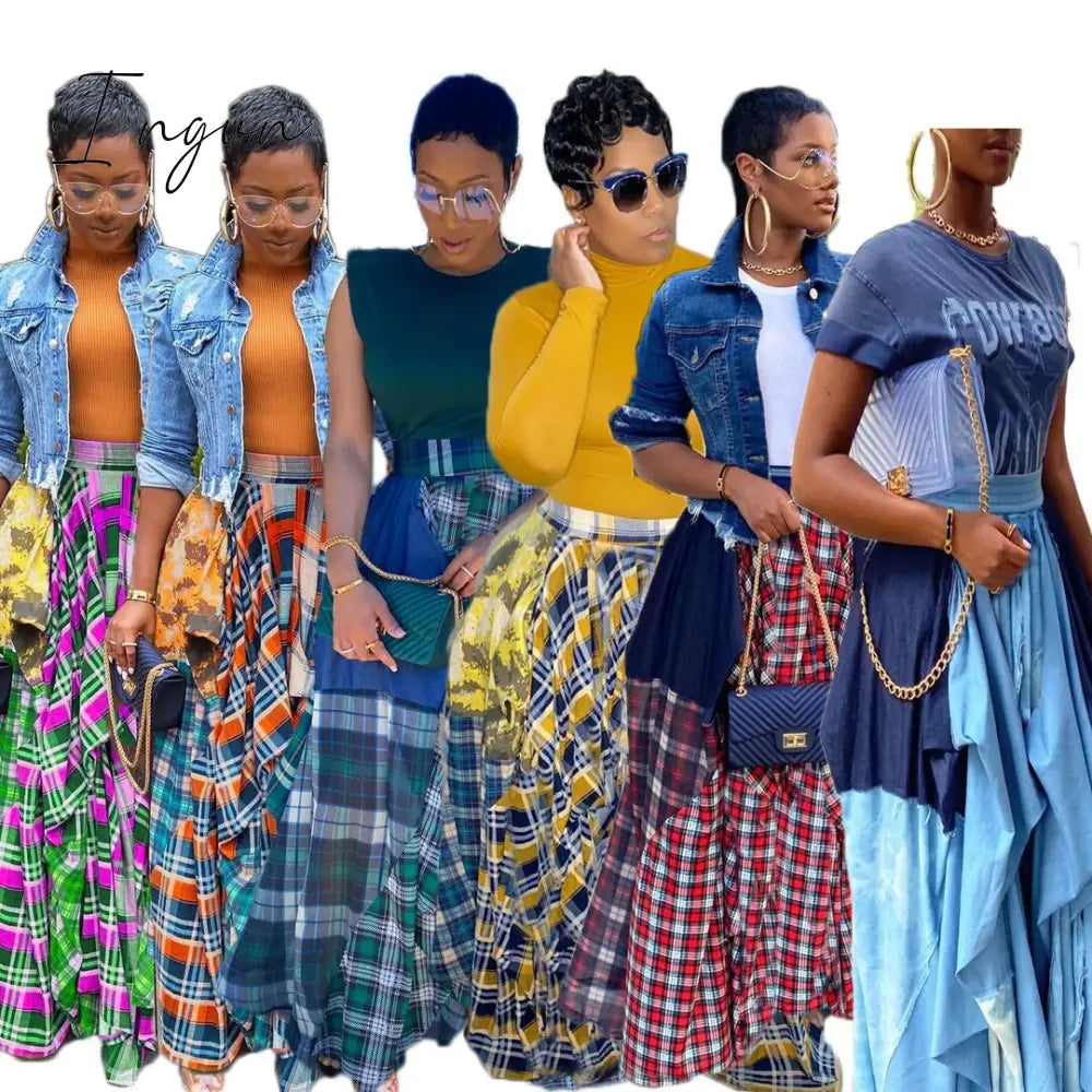 Ingvn - Womens Fashion Ladies Fashion Stitching Printed Plaid Young Fashion Casual Bohemian Super Loose Multicolor Skirt