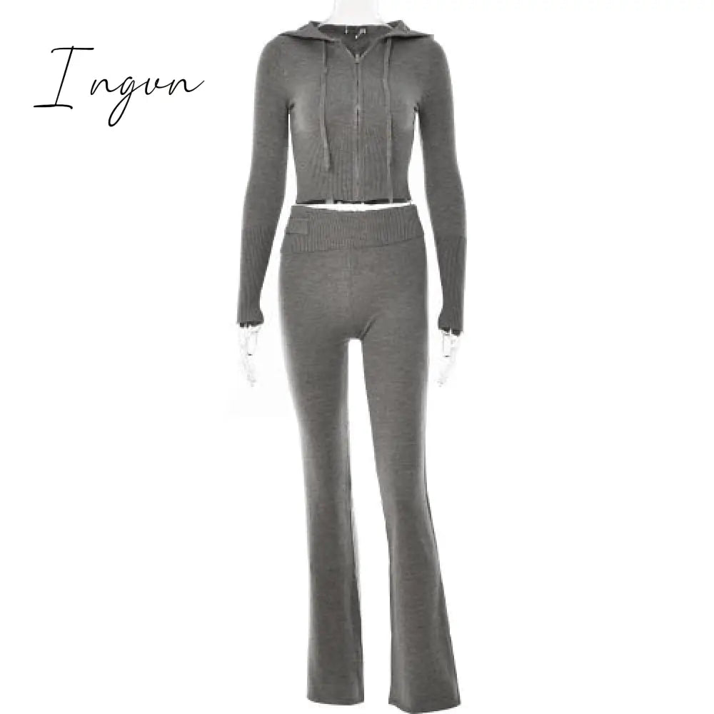 Ingvn - Spring New Hoodie Cropped Top And Pants Sets High Waist Flare Pants Suits Pink Knitted Womens Y2k Two Piece Set